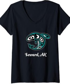 Womens Seward Alaska Native American Tribal Orca Killer Whale V-Neck T-Shirt