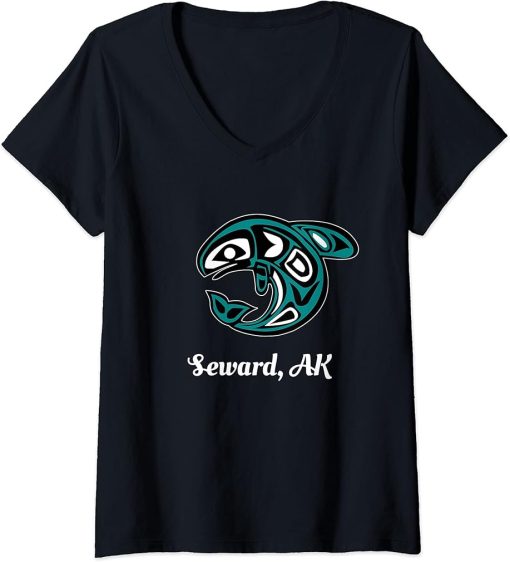 Womens Seward Alaska Native American Tribal Orca Killer Whale V-Neck T-Shirt