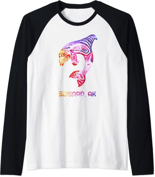 Tribal Seward AK Orca Killer Whale Native American Raglan Baseball Tee