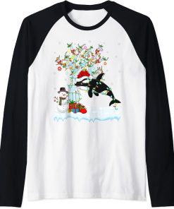 Orca Fish Xmas Tree Lighting Santa Hat Orca Christmas Raglan Baseball Tee