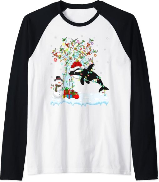 Orca Fish Xmas Tree Lighting Santa Hat Orca Christmas Raglan Baseball Tee